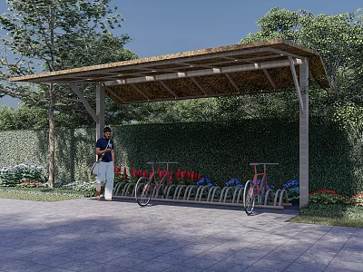 Outdoor Wooden Bike Shelter With Bicycle Racks Parked Bicycles Green Hedge Flowers 3d model