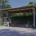 Outdoor Wooden Bike Shelter With Bicycle Racks Parked Bicycles Green Hedge Flowers
