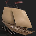 Ancient Wooden Sailboat With Beige Canvas Sails Red Flags And Oars