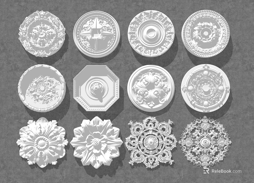 Ornate Decorative Ceiling Medallions Featuring Various Patterns And Different Shapes 3d model 