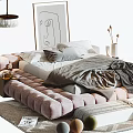 Comfortable Double Bed With Soft Bedding Gray Blanket Pink Tufted Bench And Decorative Painting