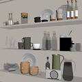 Assorted Kitchenware Display On White Shelves With Cups Plates Bottles And Pitchers