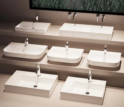 White Bathroom Sinks With Various Designs And Faucets On Display Shelf 3d model