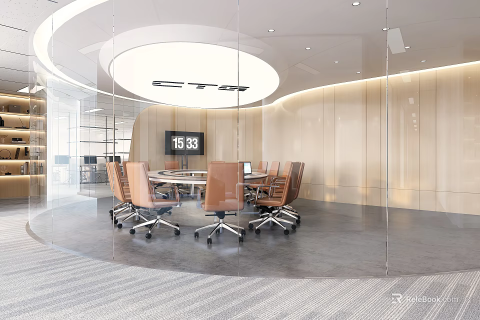 Modern Conference Room With Glass Walls Round Ceiling And Brown Office Chairs 3d model 