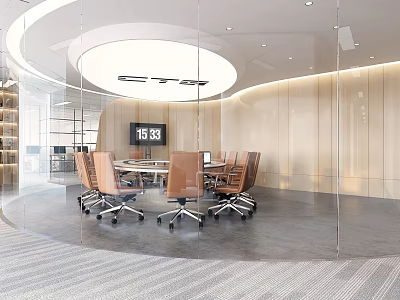 Modern Conference Room With Glass Walls Round Ceiling And Brown Office Chairs 3d model