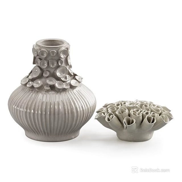 Gray Ceramic Vase With Ribbed Body And Petal Edge Bowl Decorative Items 3d model 