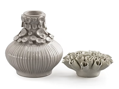 Gray Ceramic Vase With Ribbed Body And Petal Edge Bowl Decorative Items 3d model