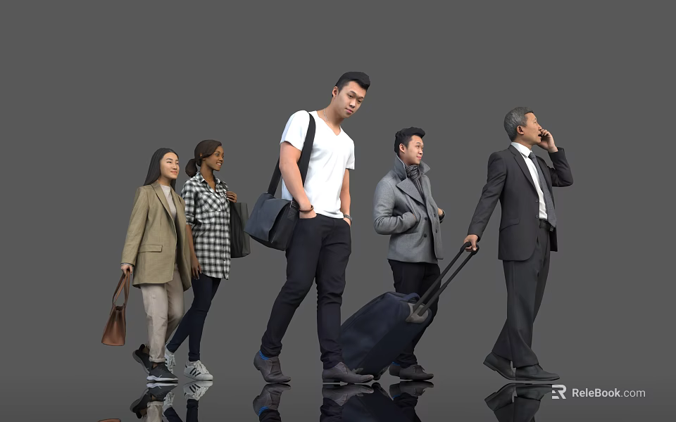Group of People Walking with Luggage and Bags and Different Attires in Gray Background 3d model 
