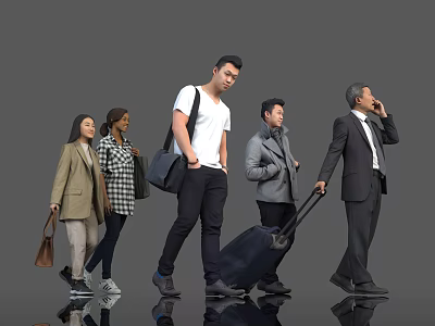 Group of People Walking with Luggage and Bags and Different Attires in Gray Background 3d model