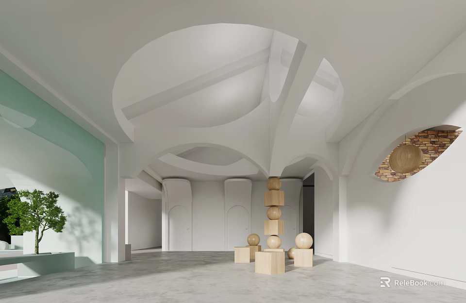 Modern Front Desk Reception Design With Arched Ceiling Wooden Geometric Decor And Green Plant 3d model 