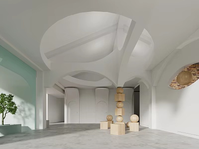 Modern Front Desk Reception Design With Arched Ceiling Wooden Geometric Decor And Green Plant 3d model