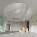 Modern Front Desk Reception Design With Arched Ceiling Wooden Geometric Decor And Green Plant
