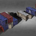 Red And Blue Atlantic Shipping Containers With Various Sizes And Stacked Arrangement
