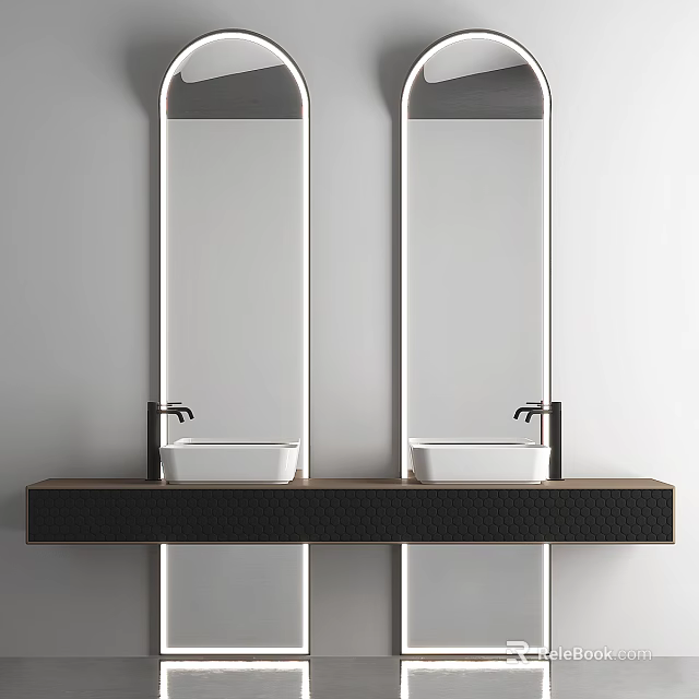 Modern Bathroom Double Washbasins With Wall Mounted Countertop And Mirrors 3d model