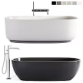 White Suspended and Black Freestanding Bathtub with Modern Faucet and Sleek Design