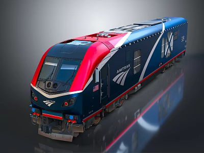 Amtrak Train With Blue And Red Exterior Modern Front Design And Side Logo 3d model