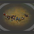 Group of Men Warriors With Axes Spears And Blue Gear Standing On Stone Floor