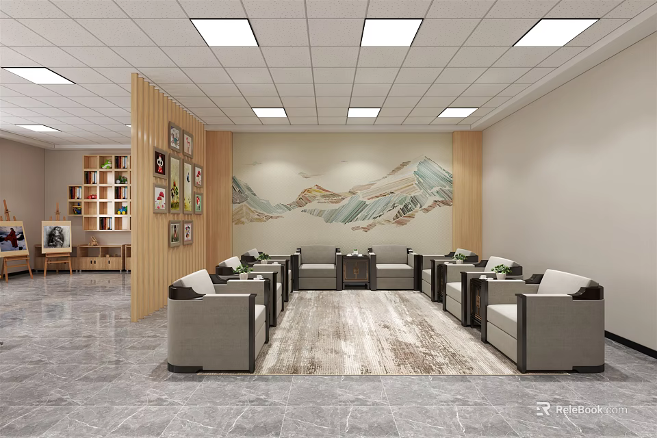 Elegant Hotel Public Lounge Featuring Mountain Landscape Comfortable Sofas And Wooden Elements 3d model