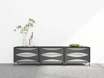 Modern Black Gray Three Door TV Stand With Green Plant Candles And Fruits 3d model