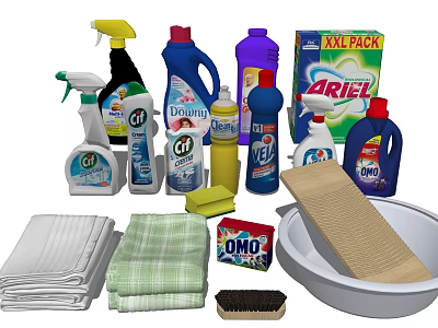 Laundry and Household Cleaning Supplies With Detergent Bottles Cleaning Sprays Sponges Dishcloths And Washing Basin 3d model