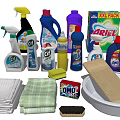 Laundry and Household Cleaning Supplies With Detergent Bottles Cleaning Sprays Sponges Dishcloths And Washing Basin