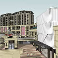 Modern Commercial Street With Multi Storey Buildings Green Awnings And Pedestrian Steps