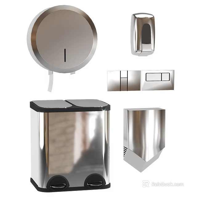 Public Restroom Facilities With Stainless Steel Soap Dispenser Hand Dryer Trash Can And Dispensers 3d model 