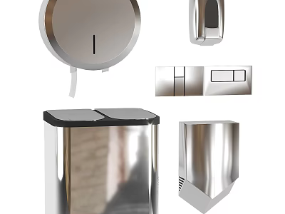 Public Restroom Facilities With Stainless Steel Soap Dispenser Hand Dryer Trash Can And Dispensers 3d model