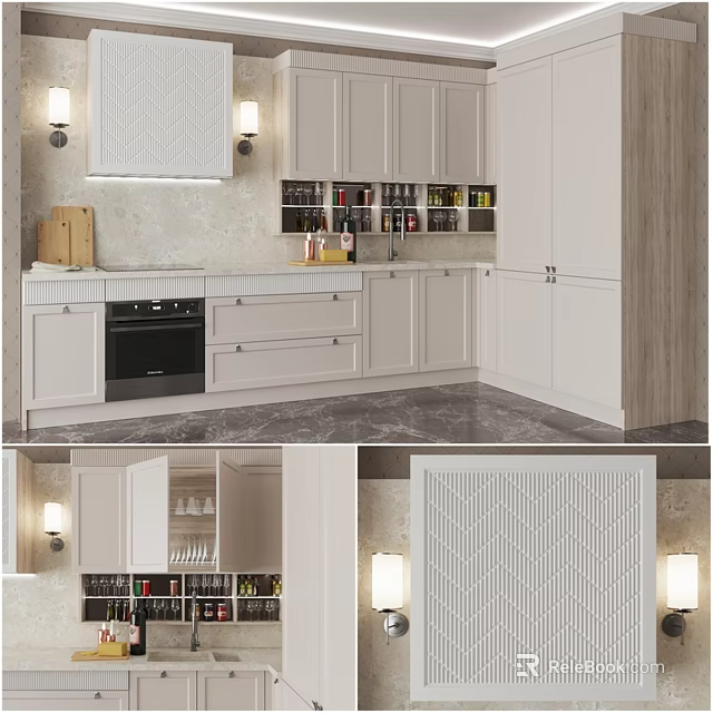 Modern Kitchen Interior With White Cabinets Storage Drawers And Lighting 3d model 