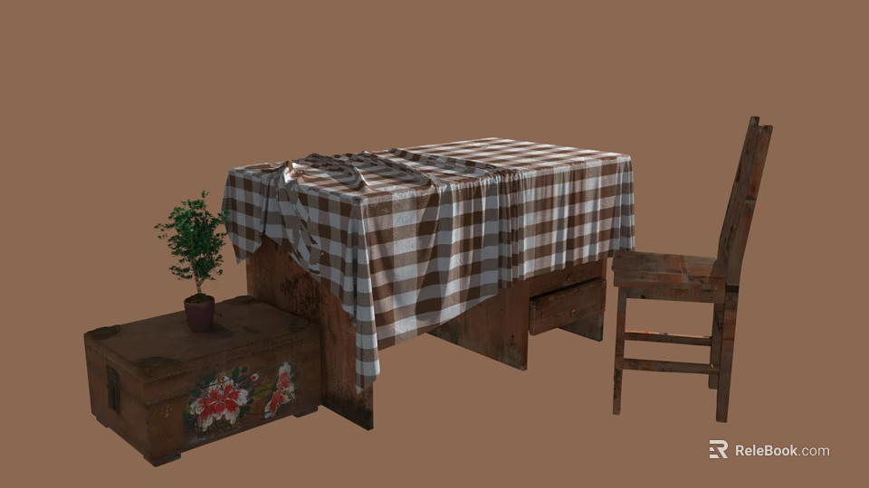 Rustic Dining Table With Checkered Tablecloth Wooden Chair Floral Chest And Small Plant 3d model 