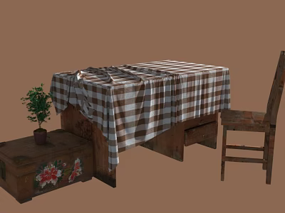Rustic Dining Table With Checkered Tablecloth Wooden Chair Floral Chest And Small Plant 3d model
