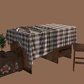 Rustic Dining Table With Checkered Tablecloth Wooden Chair Floral Chest And Small Plant