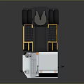 White Industrial Towing Truck with Yellow Black Stripes and Orange Warning Lights