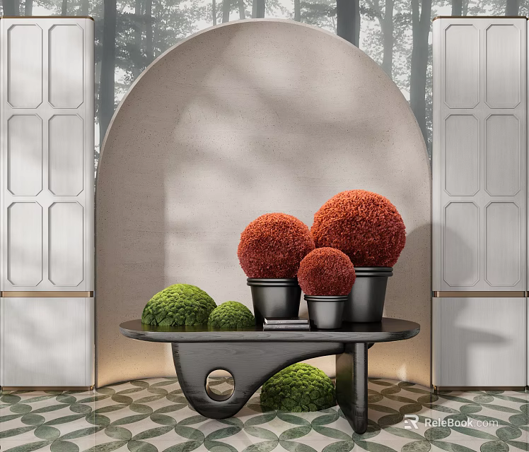 Modern Interior Decor With Red Green Spherical Plant Arrangement On Sleek Black Table 3d model 