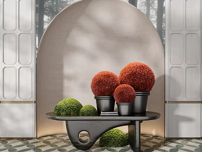 Modern Interior Decor With Red Green Spherical Plant Arrangement On Sleek Black Table 3d model