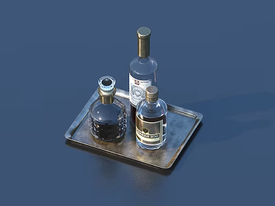 Three Elegant Wine Bottles Placed On Metal Tray For Home Bar 3d model
