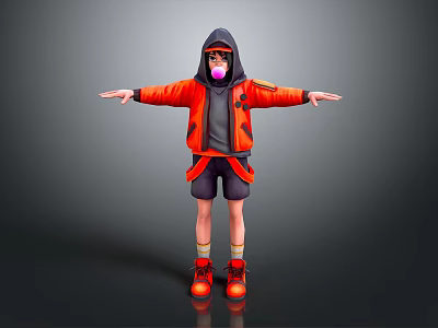 Game and Movie Character in Orange Hooded Jacket with Purple Mask and Arms Outstretched 3d model