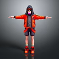 Game and Movie Character in Orange Hooded Jacket with Purple Mask and Arms Outstretched