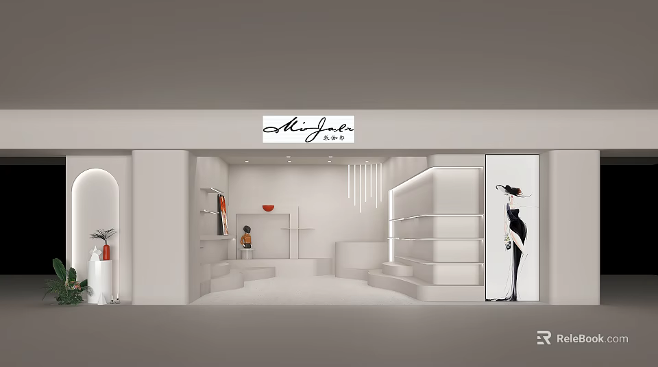 ShuJuo Modern Minimalist Store With White Tone Stepped Display Platform Mannequin Poster And Lighting Decorations 3d model 