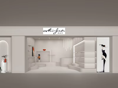 ShuJuo Modern Minimalist Store With White Tone Stepped Display Platform Mannequin Poster And Lighting Decorations 3d model
