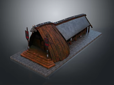 Ancient Traditional Building Model with Curved Thatched Roof Wooden Structure Stone Steps and Red Flags 3d model