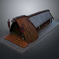 Ancient Traditional Building Model with Curved Thatched Roof Wooden Structure Stone Steps and Red Flags