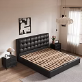 Modern Bedroom Interior Design With Black Tufted Leather Headboard Gray Mattress Nightstands And Table Lamp
