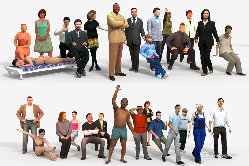 Diverse Group of People in Various Poses and Different Clothing Styles 3d model 