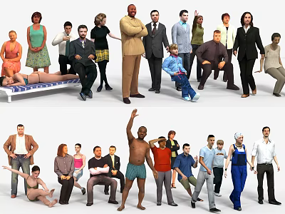 Diverse Group of People in Various Poses and Different Clothing Styles 3d model