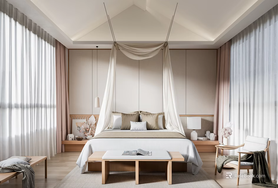 Serene Modern Bedroom Interior Design With Canopy Bed Large Windows And Wooden Floor 3d model 