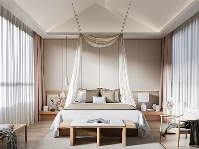 Serene Modern Bedroom Interior Design With Canopy Bed Large Windows And Wooden Floor 3d model