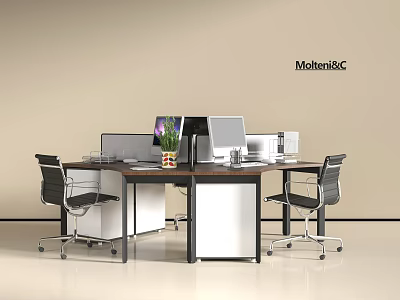 Modern Office Desk With Wooden Top Dual Monitors Ergonomic Chairs And Potted Plant 3d model