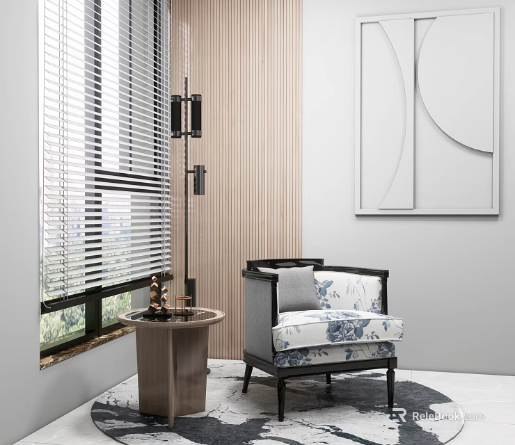 Modern Accent Chair with Blue White Floral Cushion by Window Blinds and Floor Lamp 3d model 