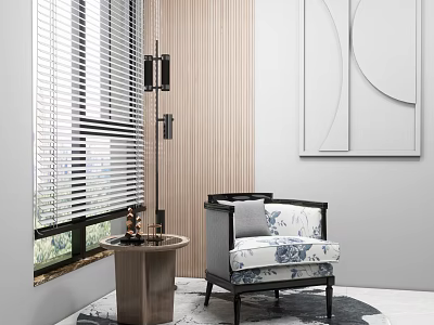 Modern Accent Chair with Blue White Floral Cushion by Window Blinds and Floor Lamp 3d model